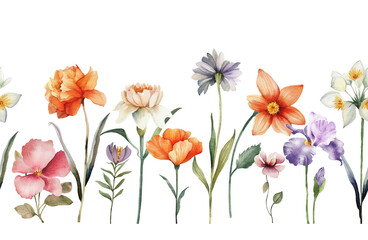 Seamless border with delicate multicolored garden flowers, watercolor illustration.