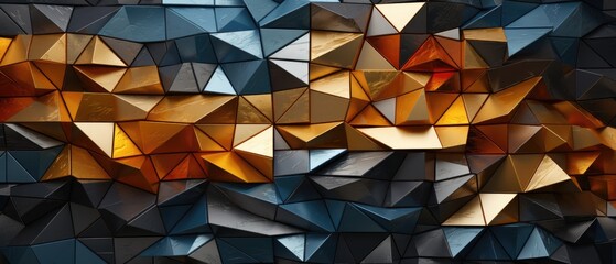 Fototapeta premium Full view background, cascading waterfall of metallic gold and silver triangles. Generative AI