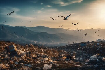 Fototapeta premium Waste urban pollution and environmental education problems in the city. Overloaded dumpster, pile full of trash and seagulls flying above. Garbage collection in the city works badly. Generative AI