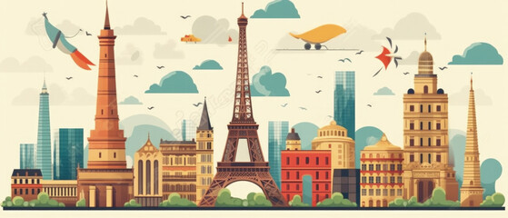France Famous Landmarks Skyline Silhouette Style, Colorful, Cityscape, Travel and Tourist Attraction - Generative AI
