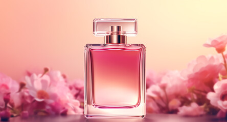 Luxurious floral scent, fragrance bottle and pink flowers, perfume commercial in flower garden, bespoke perfumery and beauty product sale, generative ai