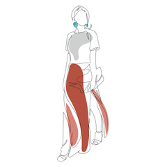 Abstract woman portrait in minimalistic line style. Women wall print. Female art poster. Boho model girl in dress. Beauty lady art in pastel colors. Elegant ethnic sketch template. For poster, design