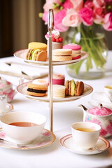Fototapeta na wymiar Afternoon tea, English tradition and restaurant service, tea cups, cakes, scones, sanwiches and desserts, holiday table decor and afternoon tea stand with pink flowers, generative ai
