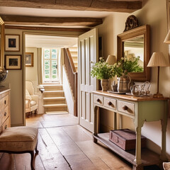 Old cottage hallway decor, interior design and house improvement, antique entryway furniture, stairway and entrance hall home decor in an English country house style, generative ai