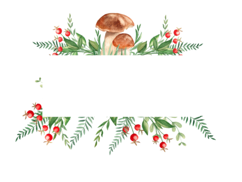 Watercolor forest horizontal frame. Porcini mushrooms, fern, green branches, red berries. Can be used for greeting cards, baby shower, banners, blog templates, logos design.