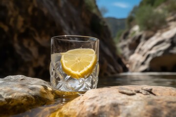 glass of water with lemon, Photographic Capture of a Freshly Dewed Glass of Water with a Lemon on a Stone in a Wild Torrent, Embracing the Beauty of a Waterfall, Summer's Perfect Light, Blue Sky