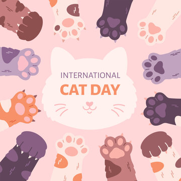 Naklejka International Cat Day greeting card. Cute cats paws. Vector illustration in flat style