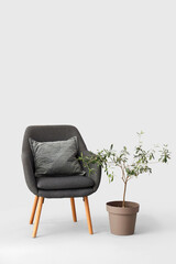 Soft armchair with houseplant on white background