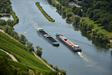 Bird's eye view of two barges on the Moselle loop surrounded by greenery and vineyards in Germany - obrazy, fototapety, plakaty