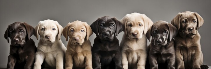 Group of seven lab puppies looking at camera in studio on gray background . Veterinary concept. Generative ai