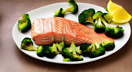 Meal of grilled salmon accompanied by broccoli