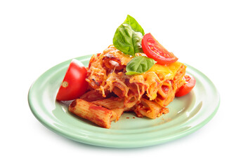 Plate of pasta with tomato sauce and cheese on grey background