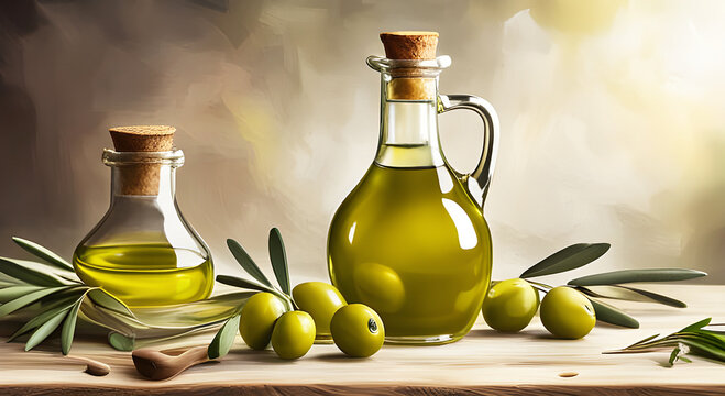 Still life of olives and olive oil bottles on wooden table | AI