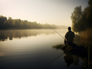 A shot of a person from behind holding a fishing rod at the edge of a tranquil lake. - obrazy, fototapety, plakaty