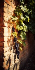  Photographic Capture of an Old Brick Wall with Vines and Grapes Growing around the Borders, Embracing the Beauty of Summer