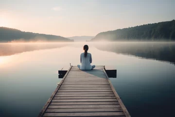 Foto op Canvas morning meditation by the lake Young woman outdoor, generated by AI © Julien