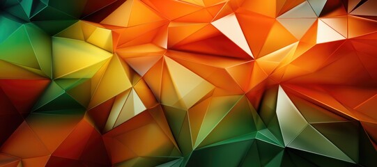 A vibrant array of neon green and orange polygons, abstract geometric background. Generative AI