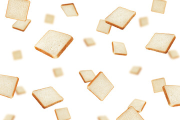 Falling sliced bread, toast isolated on white background, selective focus