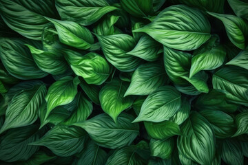 Leaves of Spathiphyllum cannifolium, abstract dark green texture, nature background, tropical leaf. Generative Ai, Ai.