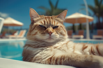 An artistic depiction of a cat enjoying a vacation by the poolside. Generative Ai, Ai.