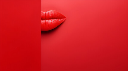 Red Lips on red background, copy space. Beautiful woman lips with red lipstick isolated on red background. Art design. Sexy natural red lips with fashion red lipstick makeup. Health care. AI generated
