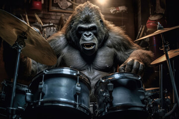 Fototapeta na wymiar The world of music as a talented gorilla takes center stage, skillfully playing the drums in a band. Generative Ai, Ai.