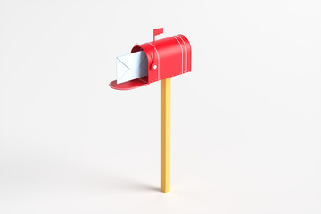 One red mailbox with an envelope inside on a white background. 3d rendering illustration