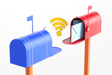 Two mailboxes with an envelope inside and a wi-fi icon on a white background. 3d rendering illustration