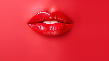 Red Lips background, copy space. Juicy woman lips with glossy red lipstick isolated on red background. Art design. Sexy natural red lips with fashion red lipstick makeup. AI generated