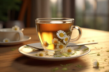 Enjoy a comforting cup of hot chamomile tea, perfectly set on a light wooden background. Generative Ai, Ai.