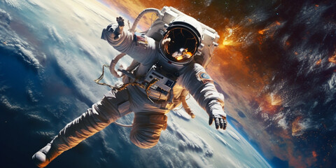 Astronaut in the outer space over the planet Earth - obrazy, fototapety, plakaty