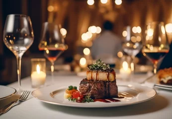 Schilderijen op glas Luxury food service, main course served at a restaurant or formal dinner event in classic English style in the luxurious hotel or country estate, generative ai © Anneleven
