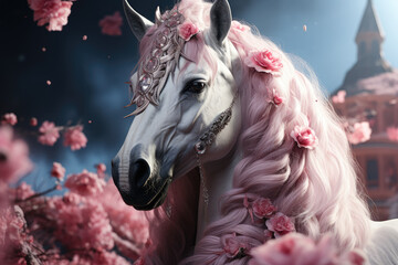 Zoom in on a close-up shot of a pink unicorn, revealing intricate details that spark the imagination. Generative Ai.