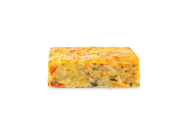 Zucchini carrot cheese bacon casserole slices on a white isolated background