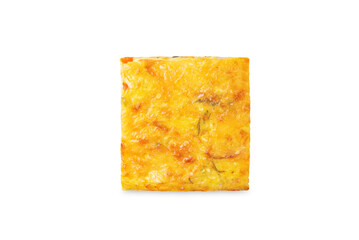 Zucchini carrot cheese bacon casserole slices on a white isolated background