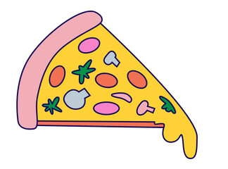 Pizza slice with melted cheese and vegetables. Colourful funny food illustration. Street food symbol. Italian menu element. 