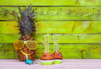 Creative card postcard happy birthday with number  15. Background character pineapple in festive...