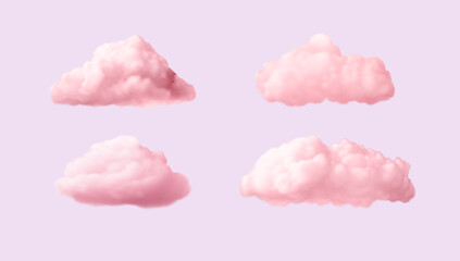 Realistic pink clouds set isolated on purple background.