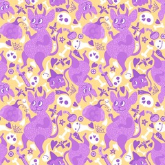 Cartoon Halloween monsters seamless devils and pumpkins and ghost animals skulls pattern for wrapping paper