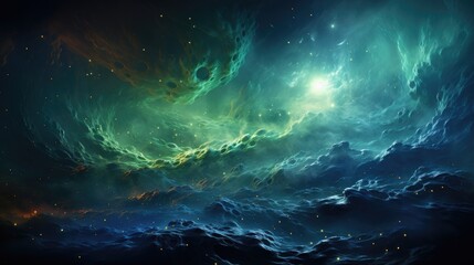 Naklejka na ściany i meble Swirling galaxy of radiant greens and blues, abstract cosmic background. Generative AI