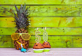 Creative card postcard happy birthday with number  50. Background character pineapple in festive...