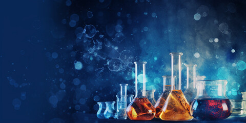 beaker and flask in science laboratory with chemical structure blue banner background