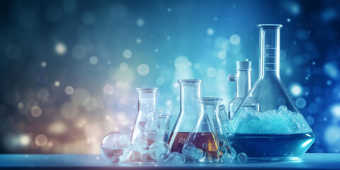 beaker and flask in science laboratory with chemical structure blue banner background - obrazy, fototapety, plakaty