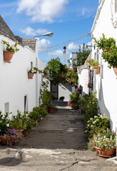 Beautiful view of a narrow street with flowers in Alberabello.