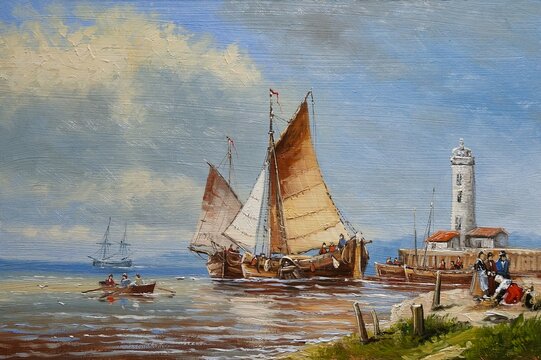 Oil paintings sea landscape, boat in the harbor, old ship in the harbor, fisherman, artwork, fine art