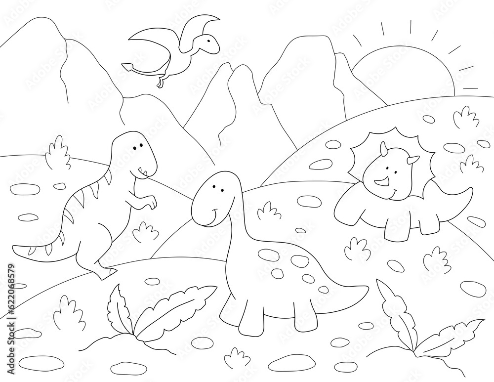 Sticker fun design of a coloring page of dinosaurs. you can print it on 8.5x11 inch paper