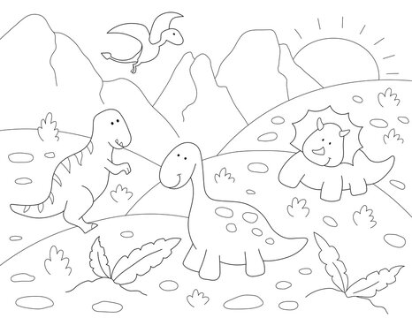 fun design of a coloring page of dinosaurs. you can print it on 8.5x11 inch paper