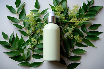 Bottle of cosmetics without stickers on green fresh leaves. Mockup for a cosmetic brand. Eco-friendly homemade cosmetics. AI generation