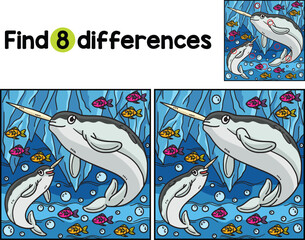 Narwhal Animal Find The Differences - obrazy, fototapety, plakaty
