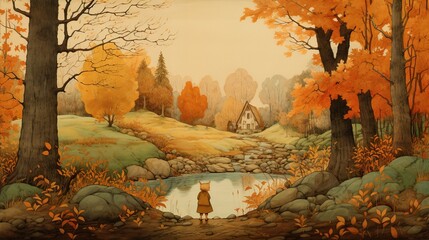 Autumn fall landscape scene with trees. Ai generative art